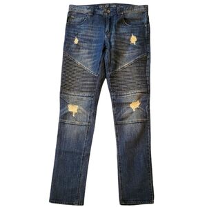 Decoy Low Rise Tapered Moto Jeans Size 34Wx34 Distressed Blue